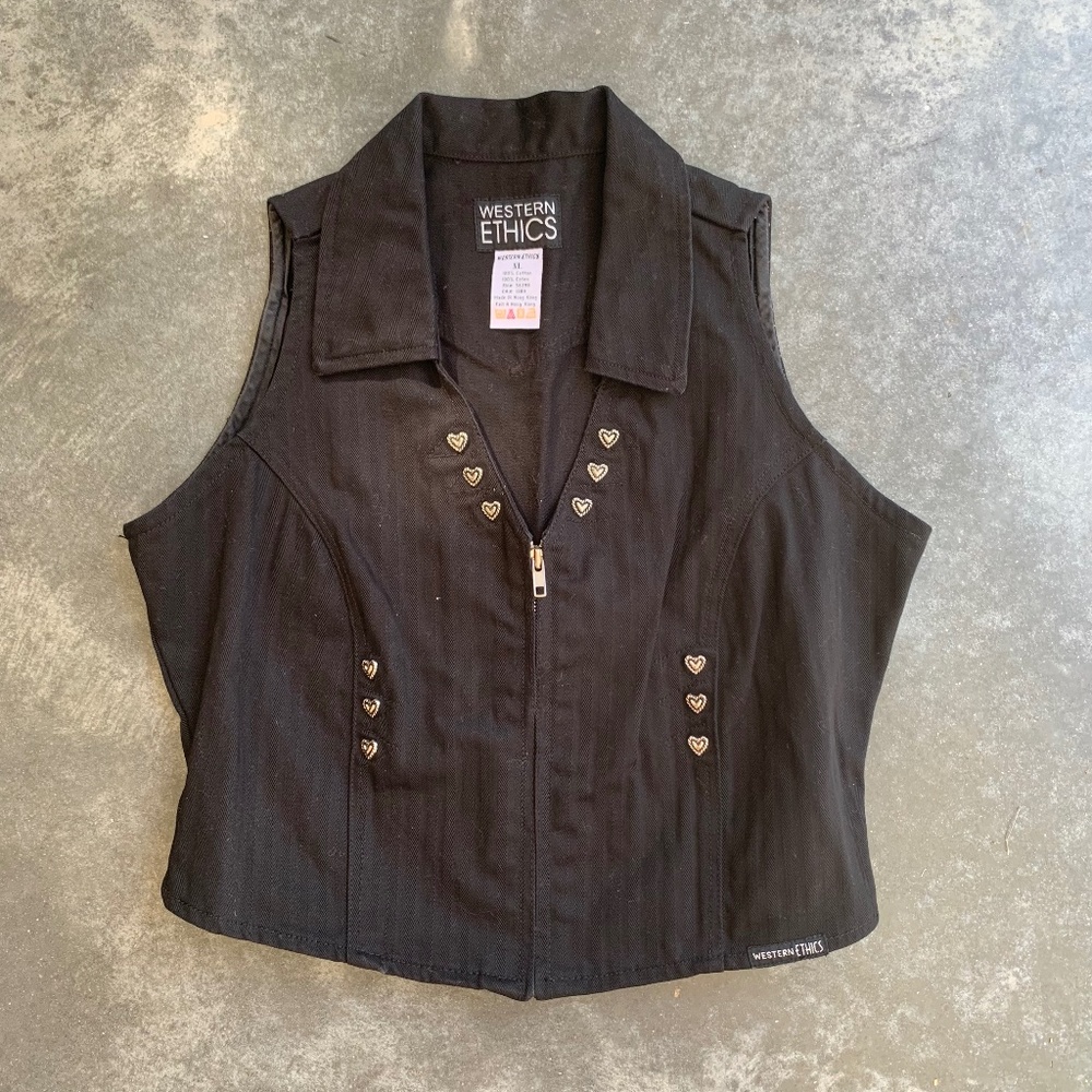 Vintage Black Denim Western Heart Studded Vest